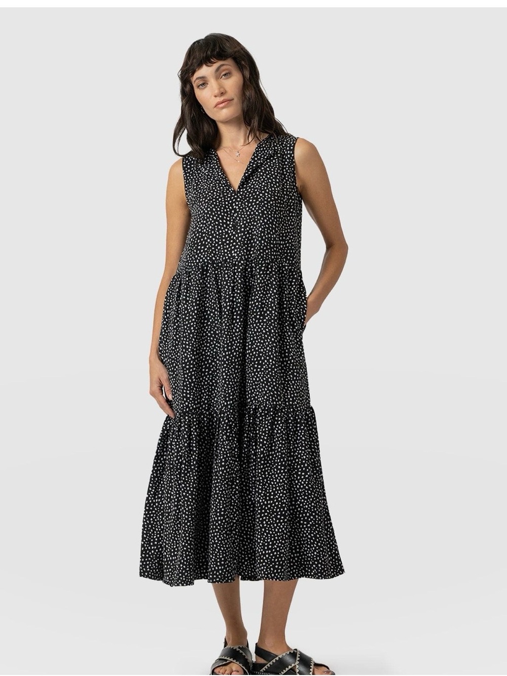 Saint & Sofia Sleeveless Black Polka Dot Tiered Midi Dress with V-Neck